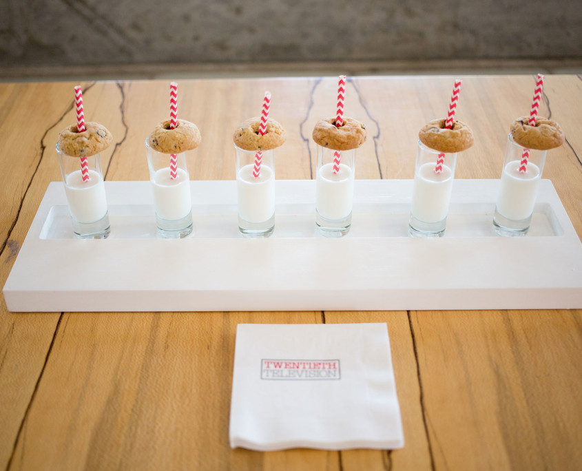 Milk and cookie shots were served with Twentieth Television branded napkins while agency employees waited in line to fill their cookie bags.