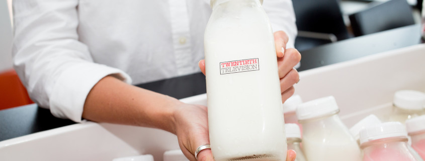 Milk jars branded with Twentieth Television were given to agency executives, with the flavor options of regular, chocolate, or strawberry.