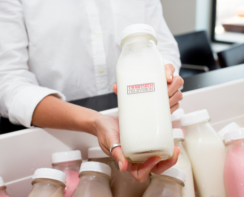 Milk jars branded with Twentieth Television were given to agency executives, with the flavor options of regular, chocolate, or strawberry.