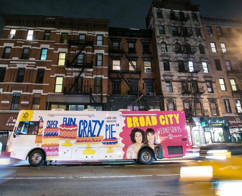 Comedy Central's Broad City RV driving through New York City streets.