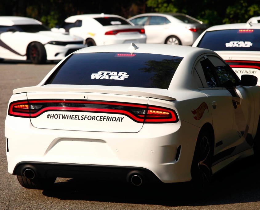Hashtags branded with #HotWheelsForceFriday encourage onlookers to post on social media about the exciting Stormtrooper sight.