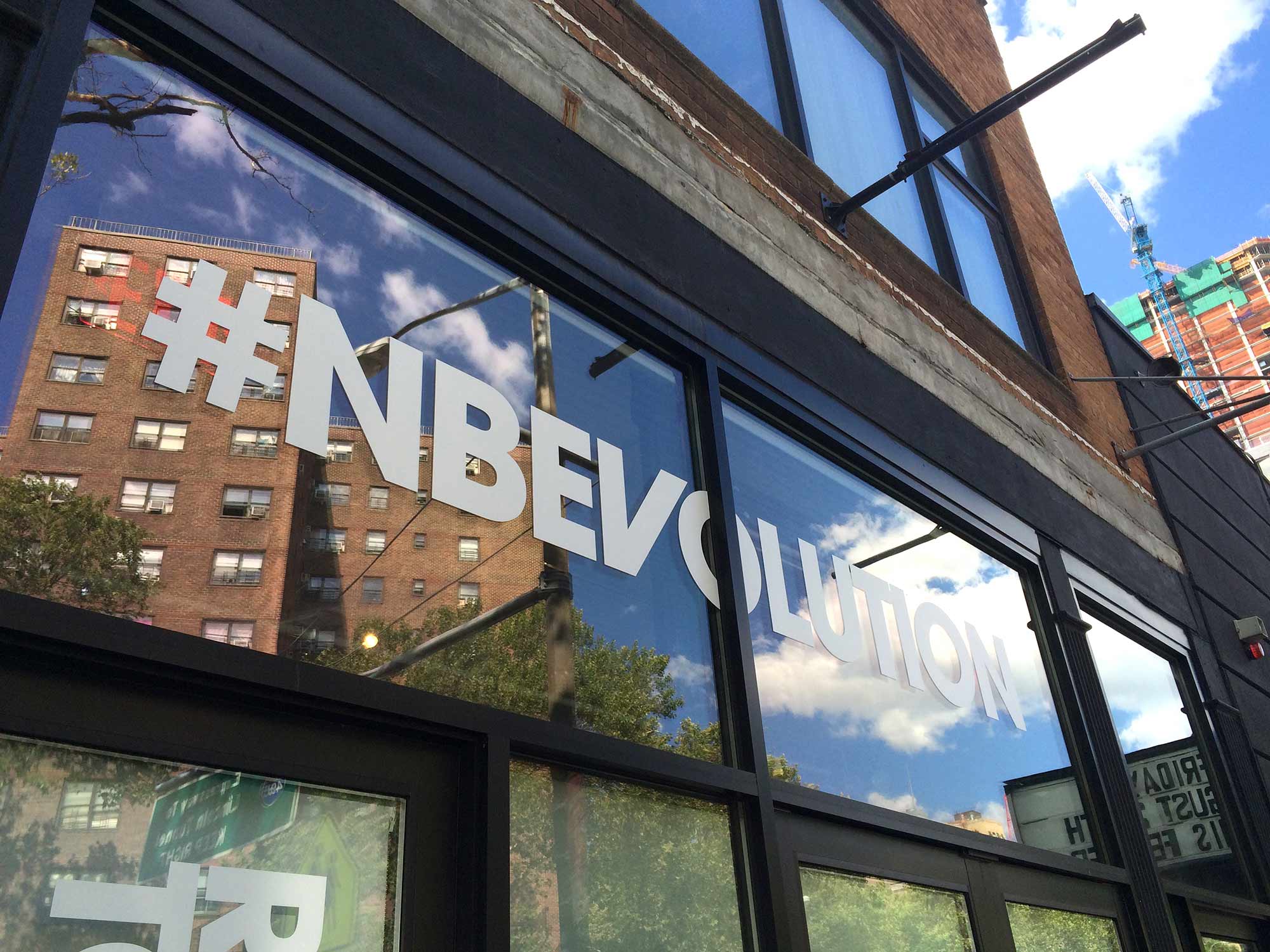 Guests were greeted with boldly branded windows at the New Balance #NBEvolution Press Event.