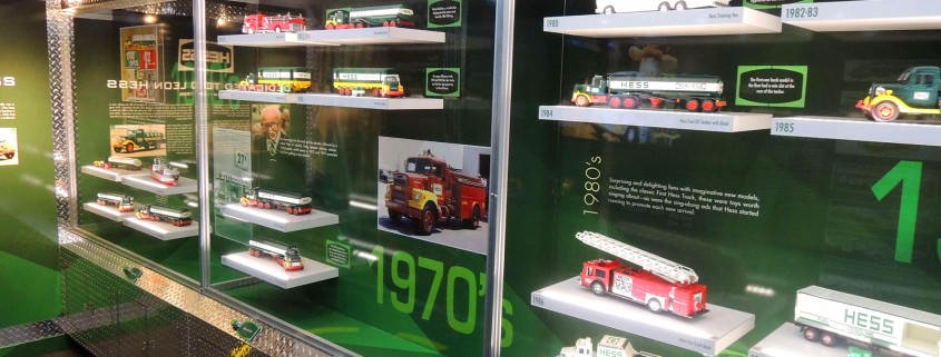 The mobile museum was categorized by each decade, showcasing the Hess Toy Truck sold each year for the past 50 years.